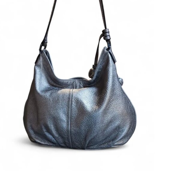 Tory Burch Thea Hobo Shoulder Bag – Metallic Pewter Pebbled Leather with Pom Pom - Picture 2 of 13